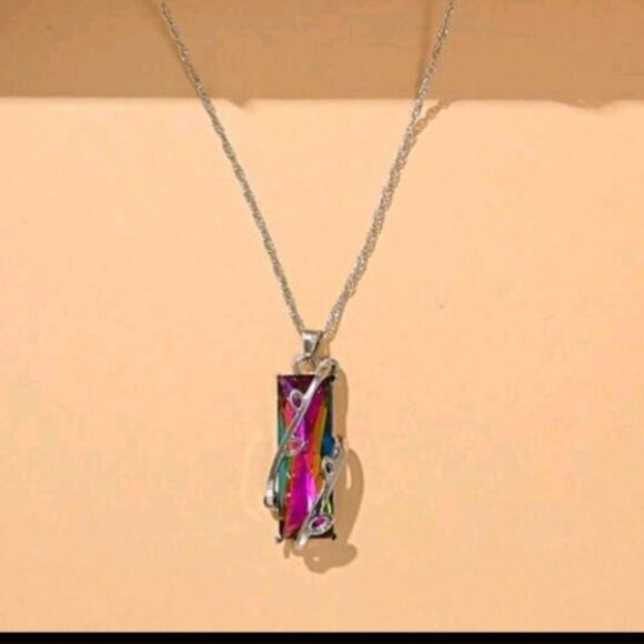 Rainbow Colored STERLING Silver Pendant Necklace - Picture 10 of 11